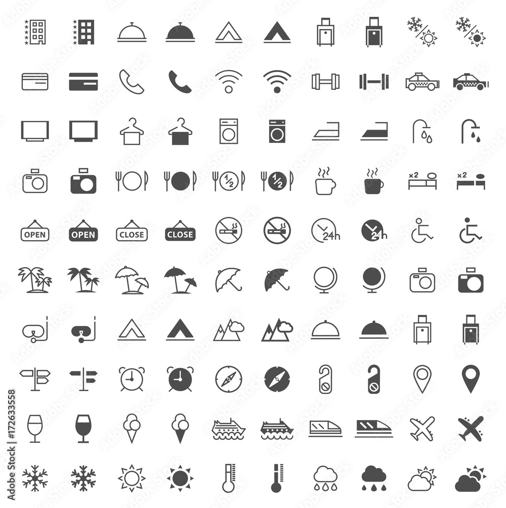Set of 100 Travel and Hotel Thin Line and Solid Icons on White Background . Vector Isolated Elements Set of 100 Travel and Hotel Thin Line and Solid Icons on White Background . Vector Isolated Elements