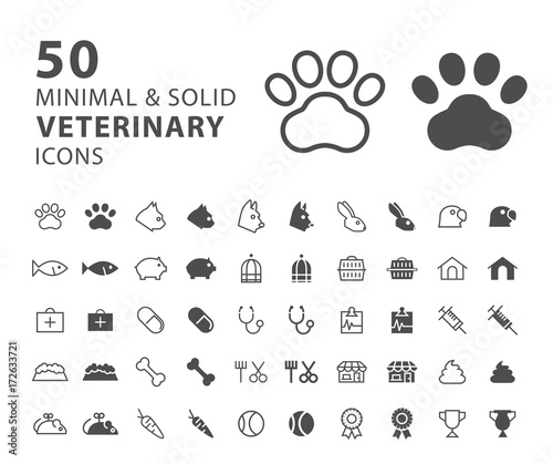Set of 50 Minimal and Solid Veterinary Icons on White Background . Vector Isolated Elements