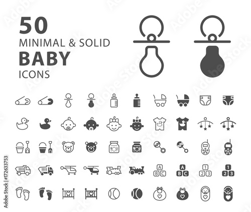 Set of 50 Minimal and Solid Baby Icons on White Background . Vector Isolated Elements
