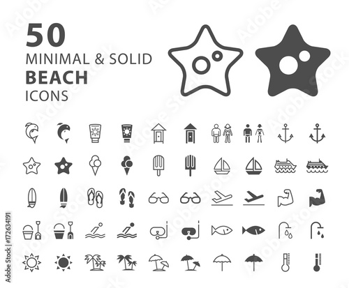 Set of 50 Minimal and Solid Beach Icons on White Background . Vector Isolated Elements