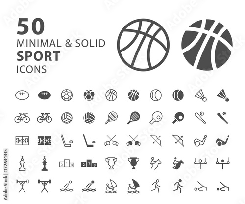 Set of 50 Minimal and Solid Sport Icons on White Background . Vector Isolated Elements