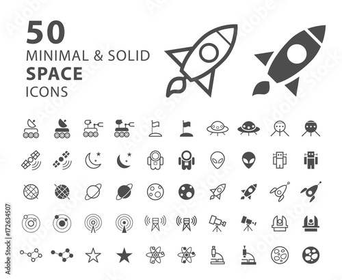 Fototapeta Naklejka Na Ścianę i Meble -  Set of 50 Minimal and Solid Space Icons on White Background . Vector Isolated Elements