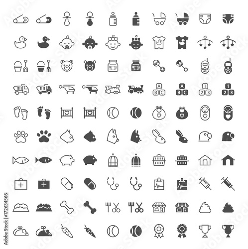 Set of 50 Minimal and Solid Baby and Veterinary Icons on White Background . Vector Isolated Elements