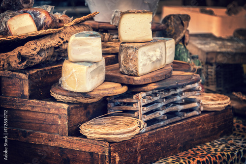 Italian pecorino cheese on a wooden rustic display