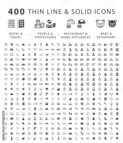 Set of 400 Minimal and Solid Icons ( Hotel Travel People Professions Restaurant Home Appliances Baby and Veterinary ) . Vector Isolated Elements