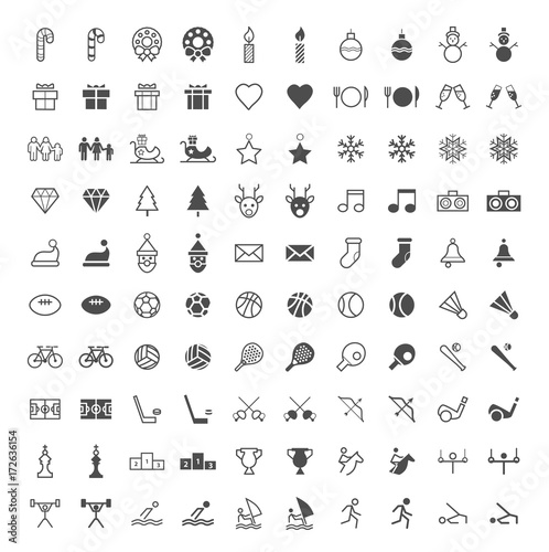 Set of 100 Minimal and Solid Sport and Christmas Icons on White Background . Vector Isolated Elements