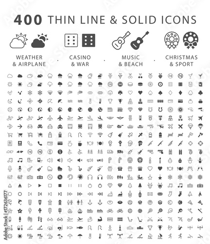 Set of 400 Minimal and Solid Icons ( Weather Airport Casino War Beach Music Christmas and Sport ) . Vector Isolated Elements
