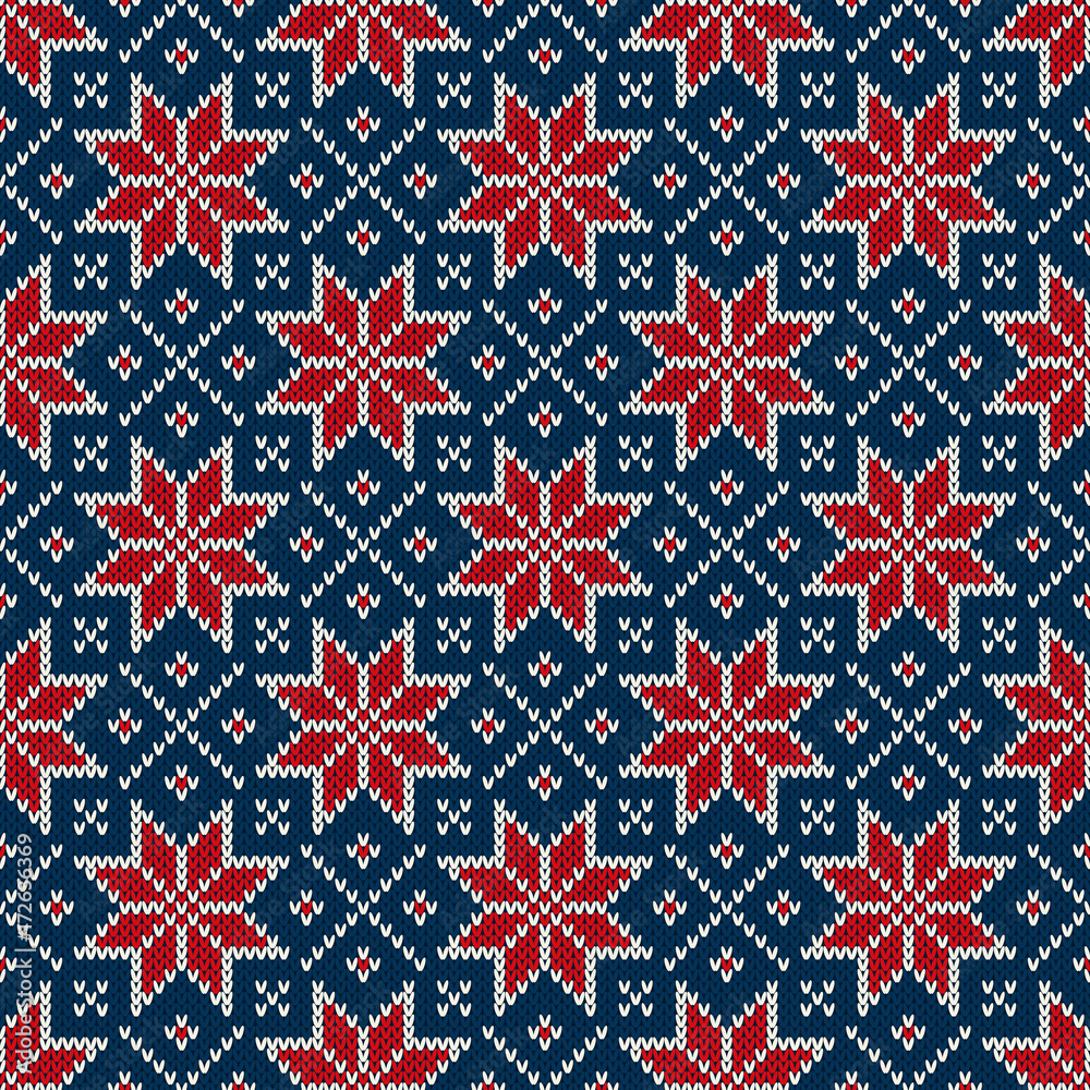 Winter Holiday Seamless Knitted Pattern with a Snowflakes. Blue, Red and White Knitting Sweater Design. Wool Knitted Texture Imitation Winter Holiday Seamless Knitted Pattern with a Snowflakes. Blue, Red and White Knitting Sweater Design. Wool Knitted Texture Imitation