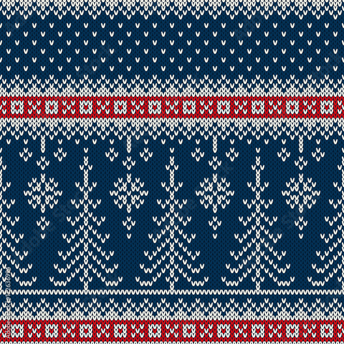 Winter Holiday Seamless Knitted Pattern with a Christmas Trees and Garland of Snowflakes. Christmas Festive Knitting Sweater Design