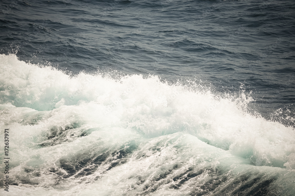 Fototapeta premium White crest of a sea wave. Selective focus. Shallow depth of field. Toned