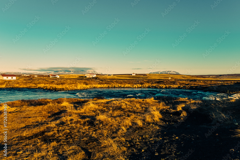 The stony rocky deserted landscape of Iceland. Toned