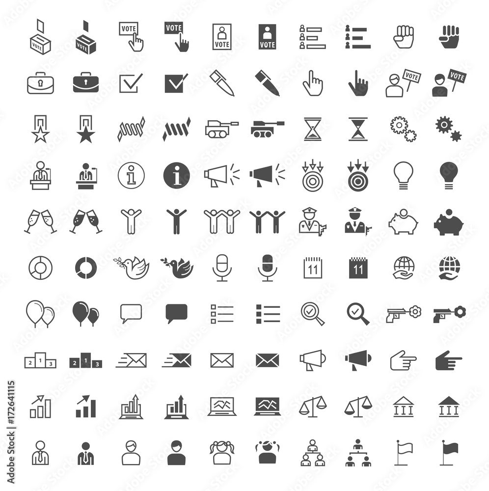 Set of 100 Political Minimal and Solid Icons. Vector Isolated Elements Set of 100 Political Minimal and Solid Icons. Vector Isolated Elements