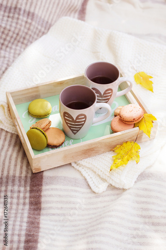 picnic set hot drinks in autumn park background copy space