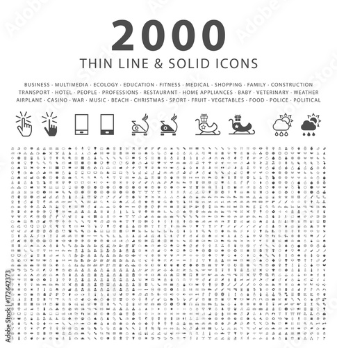 Set of 2000 Minimal and Solid Icons on White Background . Vector Isolated Elements