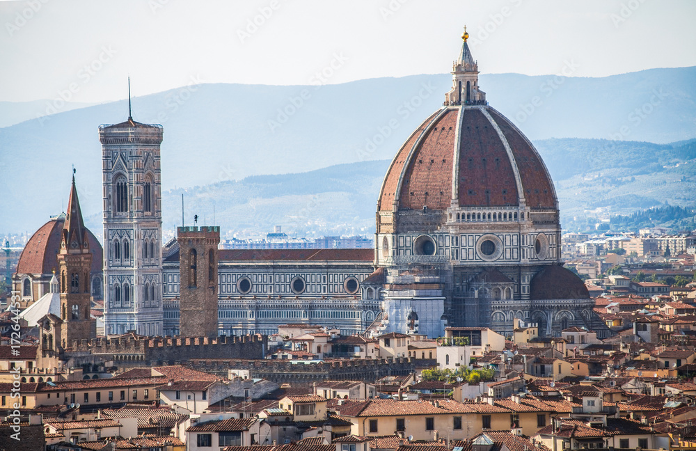 View of Santa Maria dei Fiori Church, the Dome (duomo) of city of Florence, (Firenze), Tuscany, Italy.