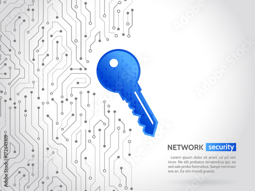 Abstract high tech circuit board with technology key. Security concept background. Cyber data security, information privacy. Global internet network protection.