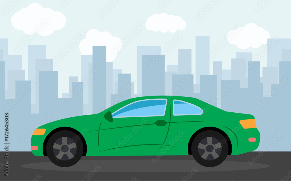 Green sports car in the background of skyscrapers in the afternoon. Vector illustration.
Green sports car in the background of skyscrapers in the afternoon. Vector illustration.