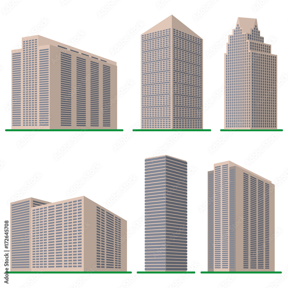 Fototapeta premium Set of six modern high-rise building on a white background. View of the building from the bottom. Isometric vector illustration. 