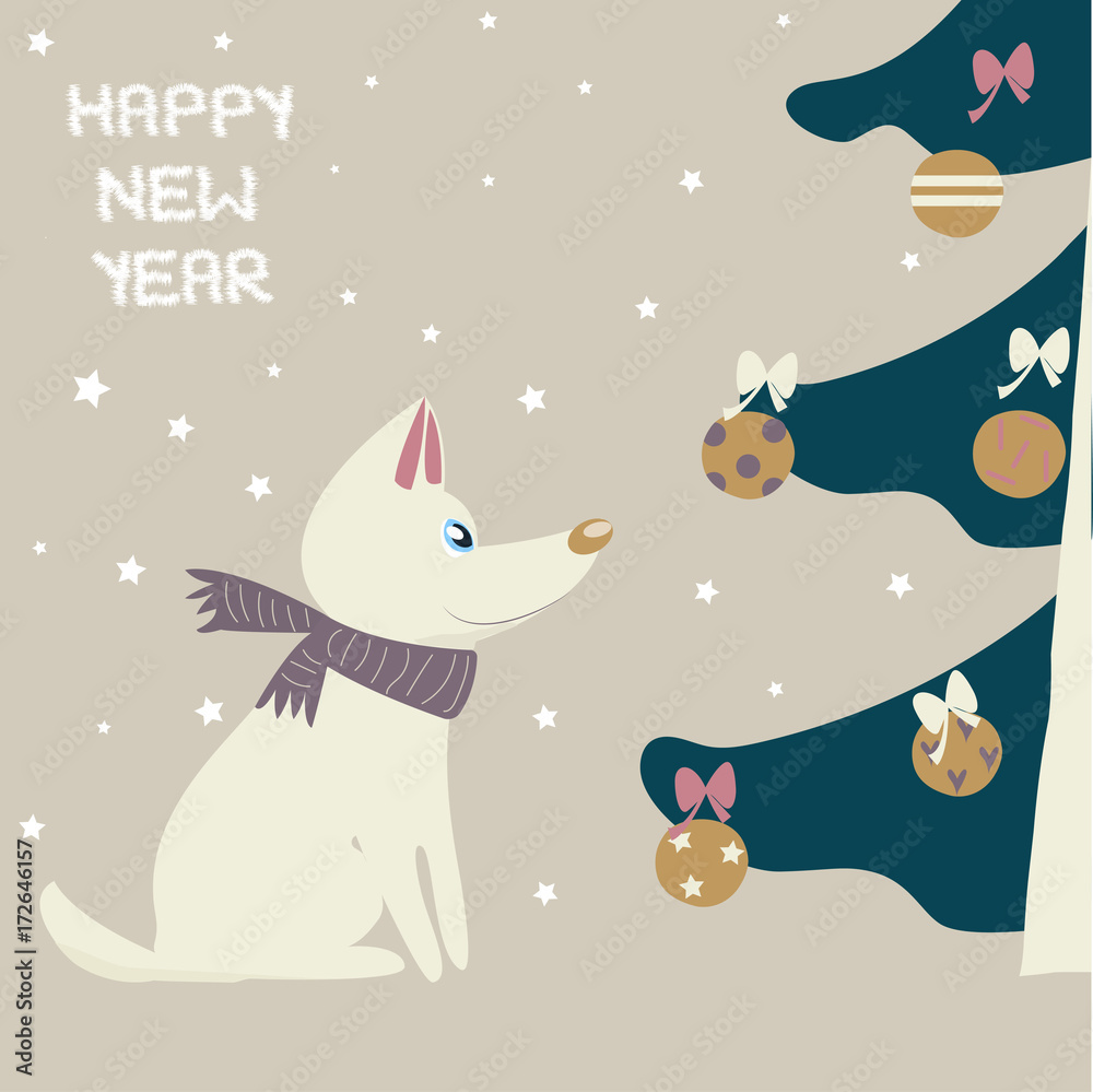 Christmas holiday card with cute white dog. Vector hand drawn illustration.