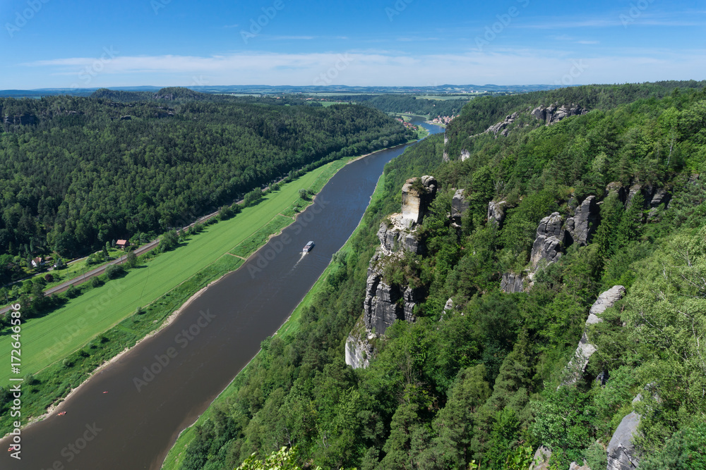 View from above on the river Elbe, Elbe Sandstone Mountains, Germany, Europe