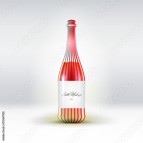 Wine bottle mockup (mock up). Modern lines design. Vector 3d illustration. Red wine, red bottle and glow on white background