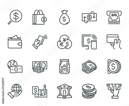 Money Icons,  Monoline concept
The icons were created on a 48x48 pixel aligned, perfect grid providing a clean and crisp appearance. Adjustable stroke weight. 