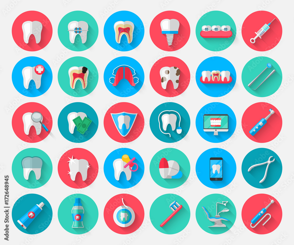 Dentistry icons isolated in a flat design style. Vector Illustration Symbols elements on the topic of stomatology and orthodontics, dental care, caries, prosthetics, transparent and metal braces Dentistry icons isolated in a flat design style. Vector Illustration Symbols elements on the topic of stomatology and orthodontics, dental care, caries, prosthetics, transparent and metal braces