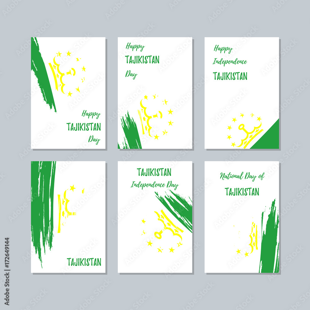 Tajikistan Patriotic Cards for National Day. Expressive Brush Stroke in National Flag Colors on white card background. Tajikistan Patriotic Vector Greeting Card.