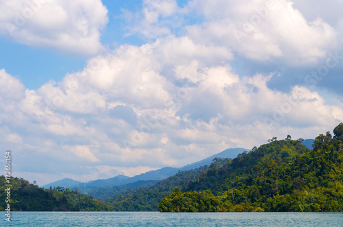 Beautiful mountains lake river sky and natural attractions in Ratchaprapha Dam at Khao Sok National Park, Surat Thani Province, Thailand © rostovdriver