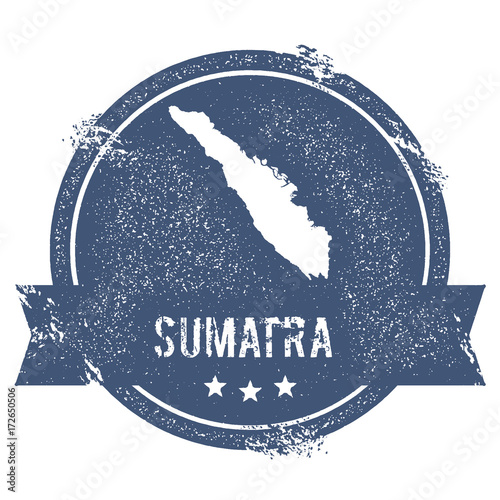 Sumatra logo sign. Travel rubber stamp with the name and map of the island, vector illustration. Can be used as insignia, logotype, label, sticker or badge.