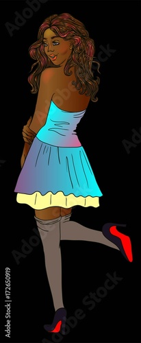 A dark-skinned sexy brunette girl in a short dress.