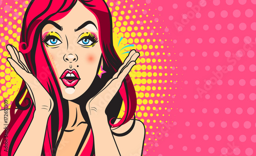 Pop art woman portrait. Red haired surprised woman with open mouth