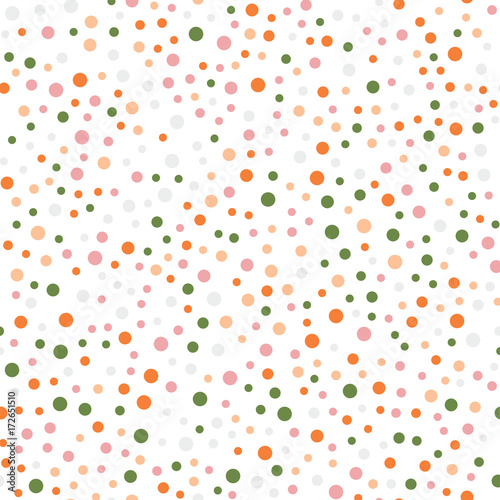 Colorful polka dots seamless pattern on white 14 background. Symmetrical classic colorful polka dots textile pattern. Seamless scattered confetti fall chaotic decor. Abstract vector illustration.