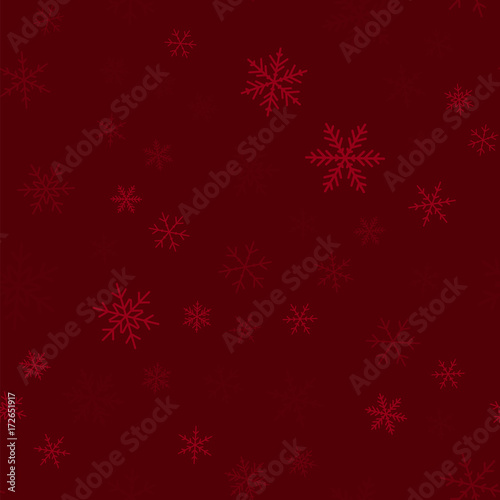 Transparent snowflakes seamless pattern on wine red Christmas background. Chaotic scattered transparent snowflakes. Unusual Christmas creative pattern. Vector illustration.