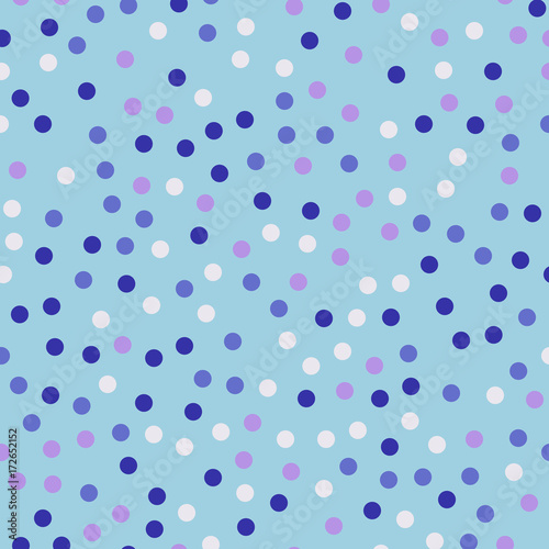 Colorful polka dots seamless pattern on bright 27 background. Appealing classic colorful polka dots textile pattern. Seamless scattered confetti fall chaotic decor. Abstract vector illustration.