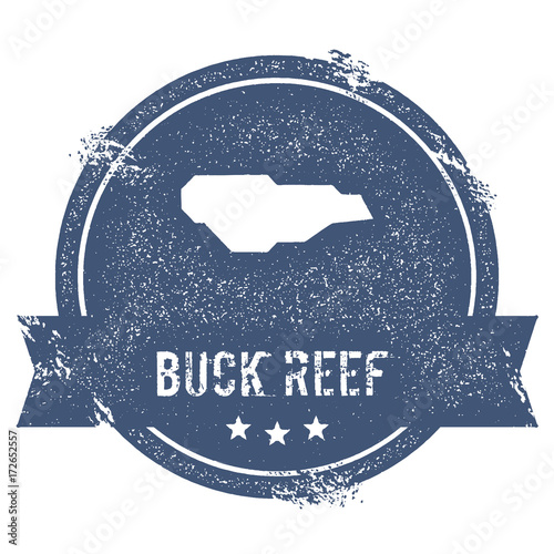 Buck Island Reef logo sign. Travel rubber stamp with the name and map of the island, vector illustration. Can be used as insignia, logotype, label, sticker or badge.