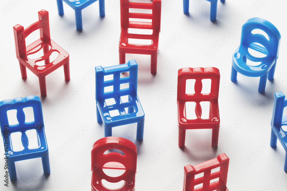 Collection of blue and red chairs Collection of blue and red chairs