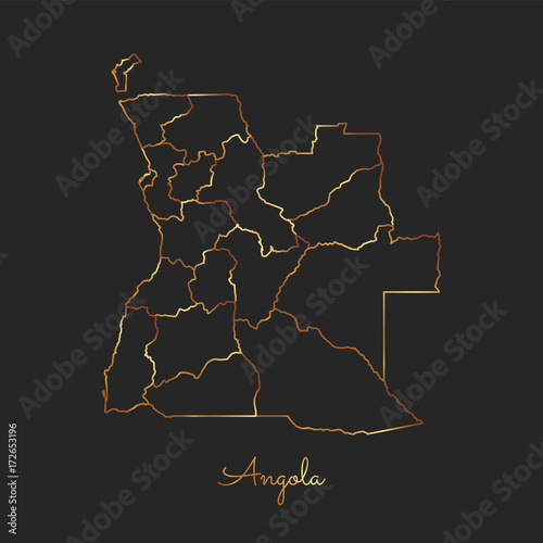 Angola region map: golden gradient outline on dark background. Detailed map of Angola regions. Vector illustration.