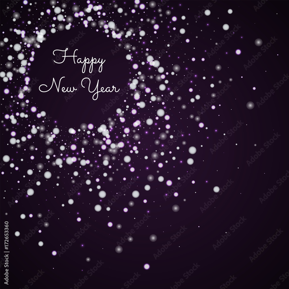 Happy New Year greeting card. Beautiful falling snow background. Beautiful falling snow on deep purple background. Beautiful vector illustration.