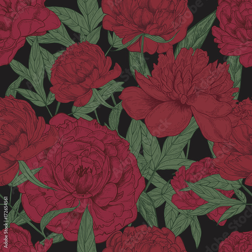 Beautiful floral seamless pattern with vinous peonies and green leaves on dar...