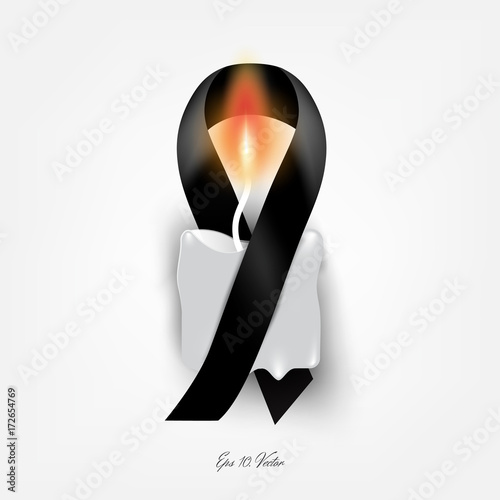 Realistic black ribbon, mourning / melanoma awareness sign / symbol, with white candle with realistic glow on white background. Mourning background