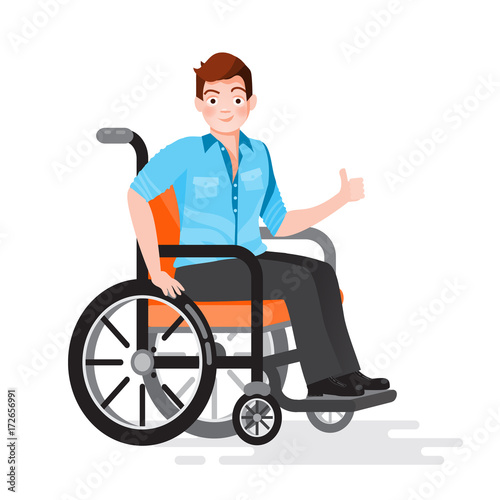 Happy disabled men in a business suit sitting in a wheelchair and showing thumbs up