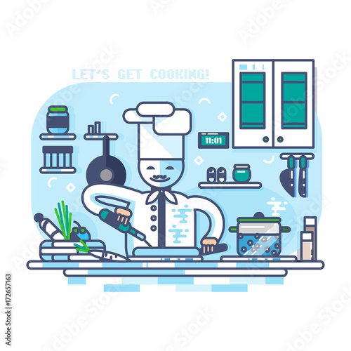 Cook chef at work at kitchen (cuisine), cooking. Modern thin line (outlined, linear), flat illustration. Kitchen background/backdrop