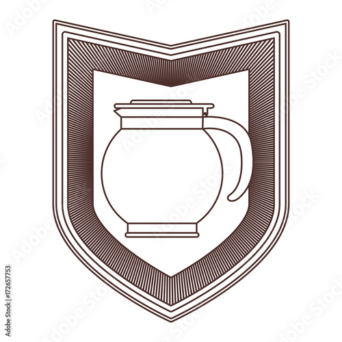 logo shield decorative of rounded glass jar recipient of coffee with handle striped brown silhouette on white background vector illustration