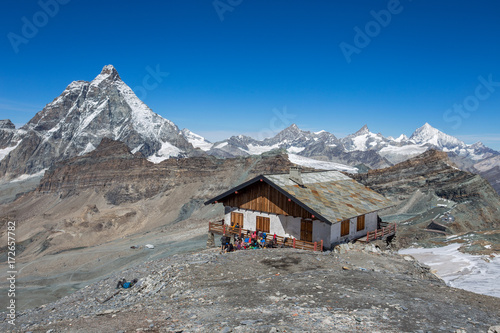 View of Cervino Mount (Matterhorn) on the west. In the background the Swiss mountains, seen from Plateau Rosà at 3500 mt.