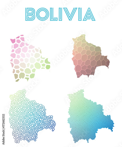 Bolivia polygonal map. Mosaic style maps collection. Bright abstract tessellation, geometric, low poly, modern design. Bolivia polygonal maps for infographics or presentation.
