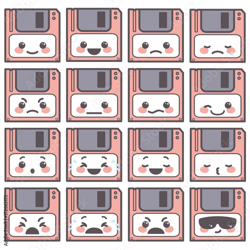 Cute set of diskette emoticons expressing different good and bad emotions, vector cartoon isolated on white background