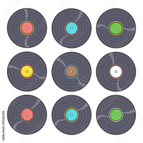 Collection of nine colorful gramophone records in different colors, vector drawing isolated on white background