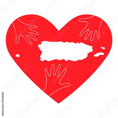 Vector Illustration: helping hands and Puerto Rico map. Great as donate, love or helping hand icon. Support for volunteer, charity work and relief after Hurricane, floods, landfalls in Puerto Rico.