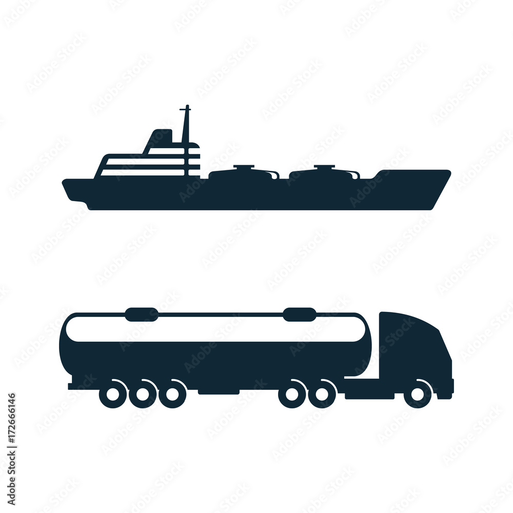 vector gasoline tanker truck vehicle and oil tanker ship set simple